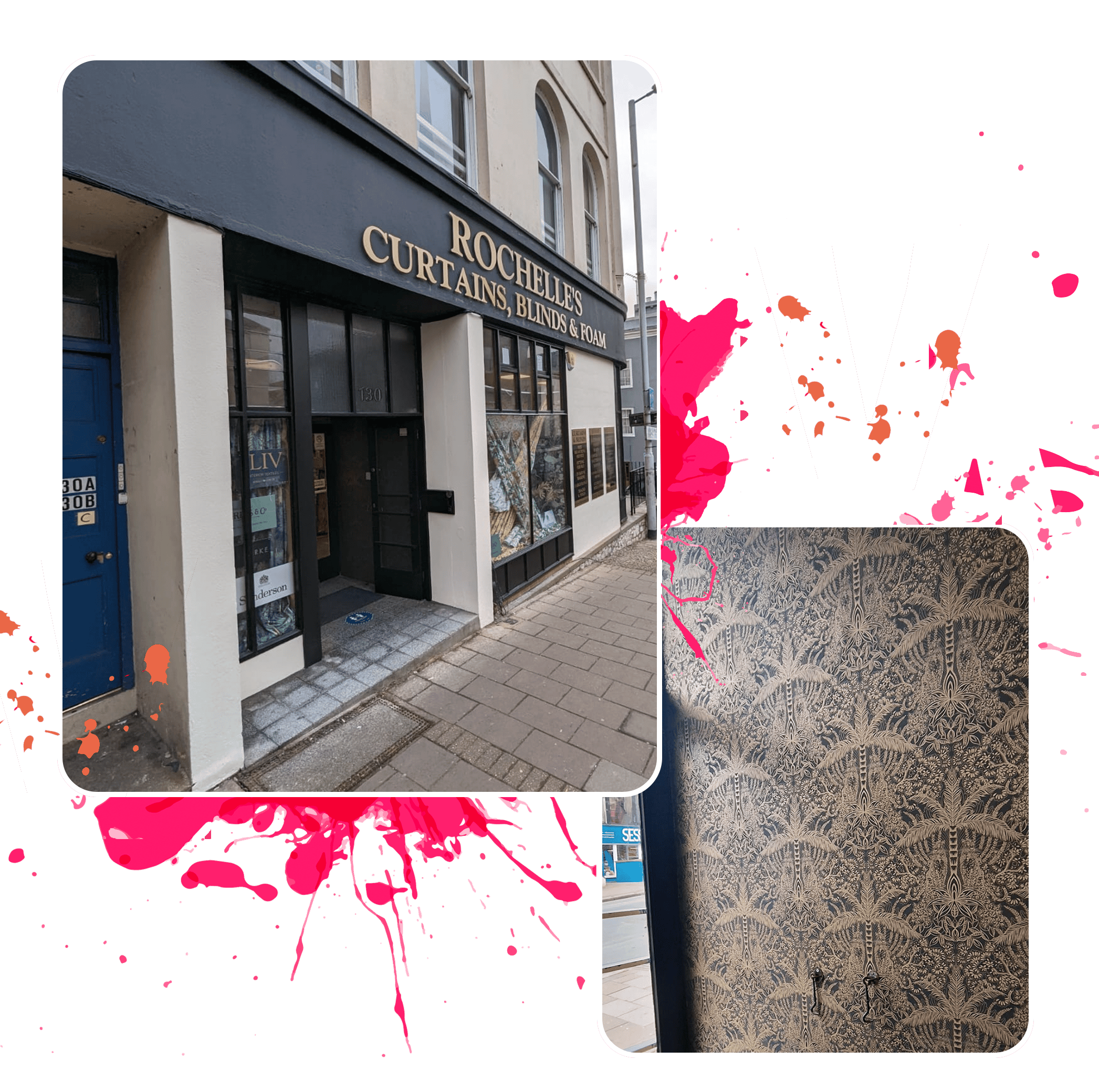 Stylised image combining the freshly painted shop exterior with a newly decorated interior feature wall