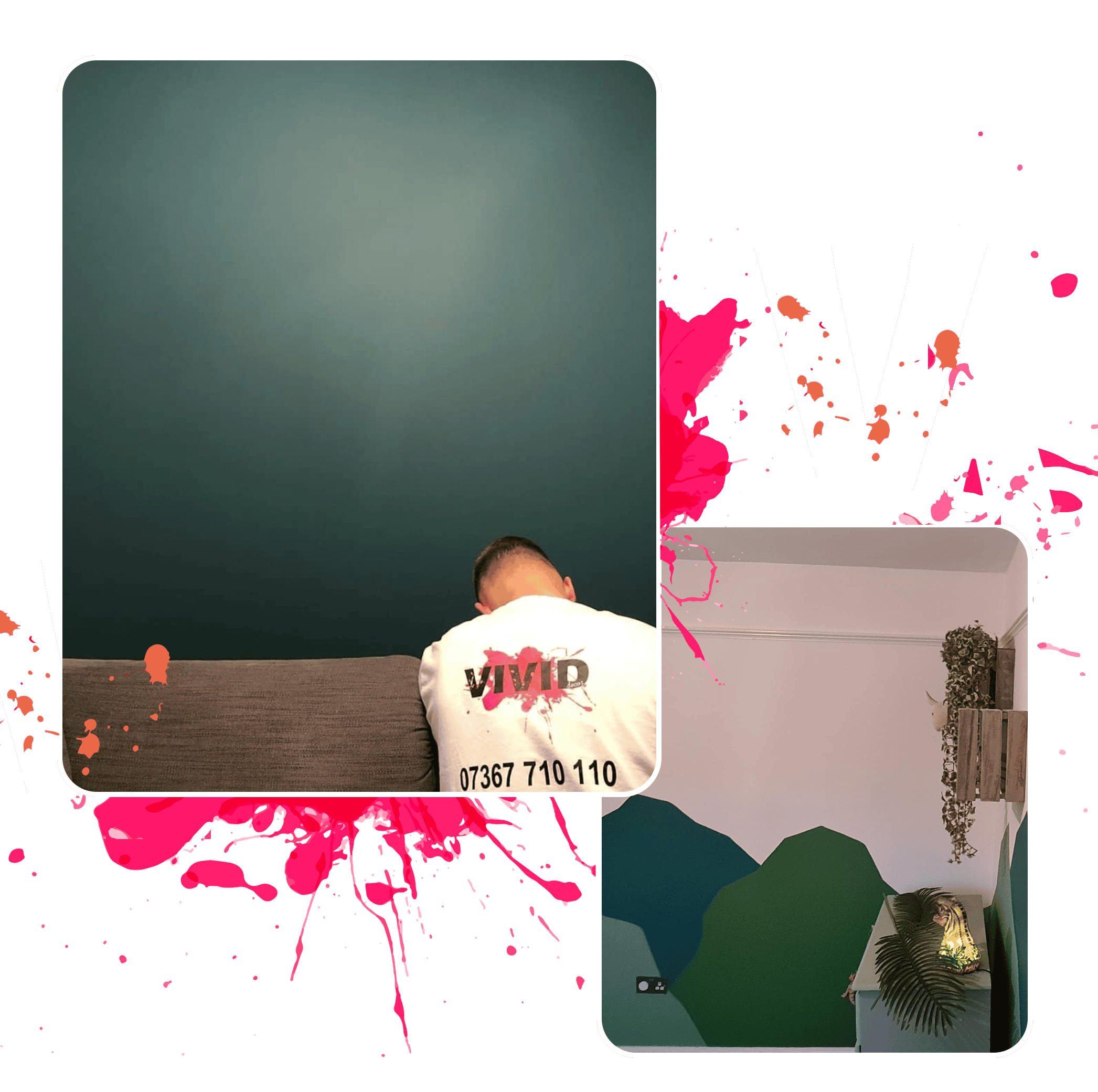 Stylised image combining a decorator painting a wall and a custom painted wall design, showcasing professional interior decorating work in Exeter