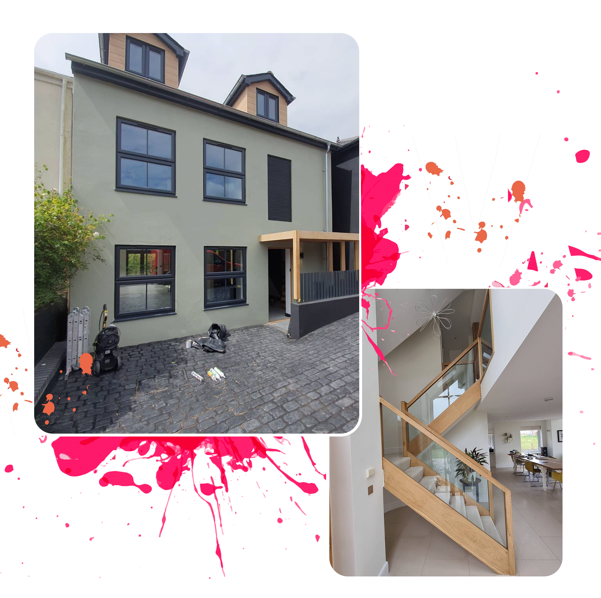 Stylised image showing both the exterior and interior of a professionally decorated house
